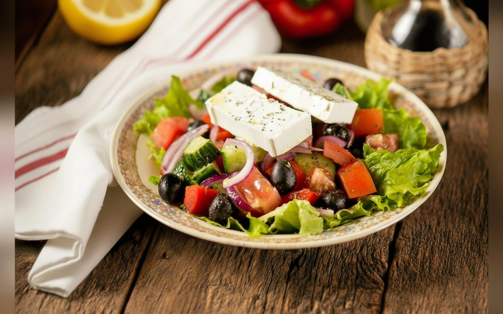 Un piatto di insalata greca con feta e olive